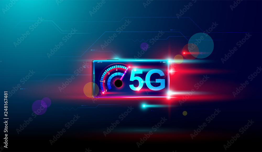 Poster 5g wireless internet with high speed download and upload on smartphone devices vector.