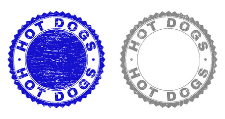Grunge HOT DOGS stamp seals isolated on a white background. Rosette seals with grunge texture in blue and grey colors. Vector rubber stamp imprint of HOT DOGS title inside round rosette.