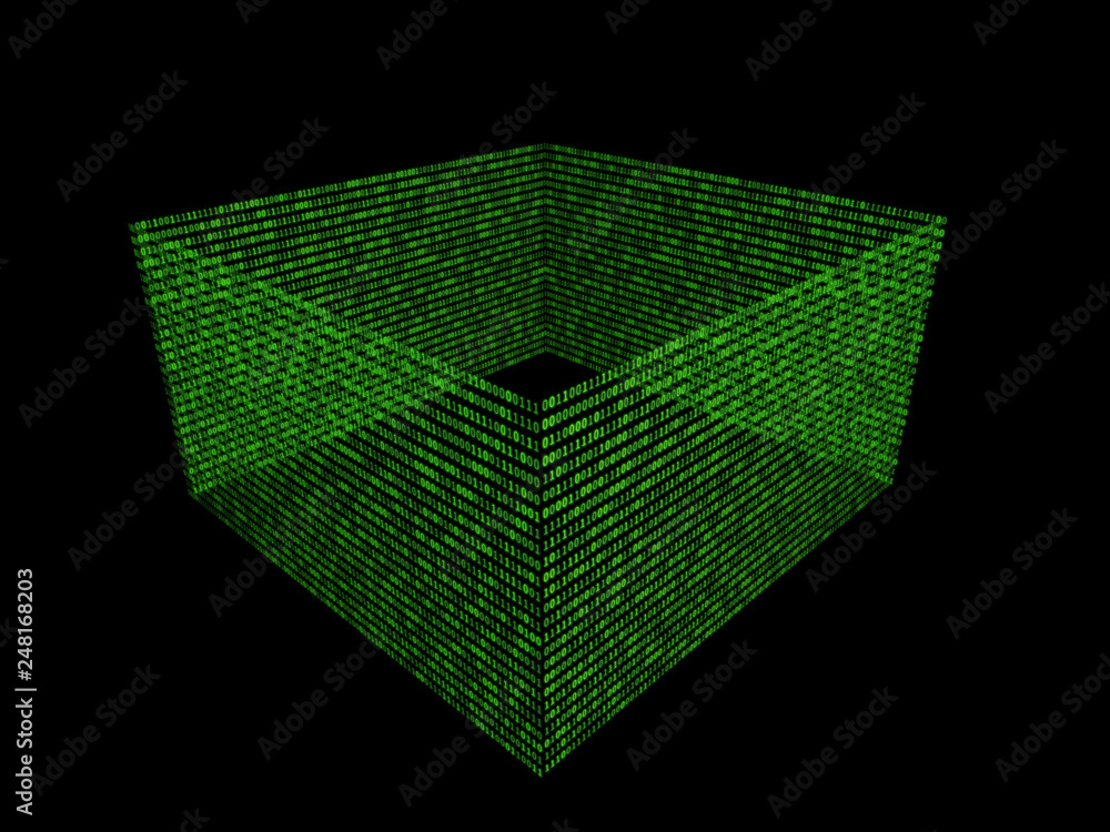 Fototapete 01 or binary numbers box on the computer screen on monitor matrix background, Digital data password code in hacker or safety security technology concept. 3d abstract illustration