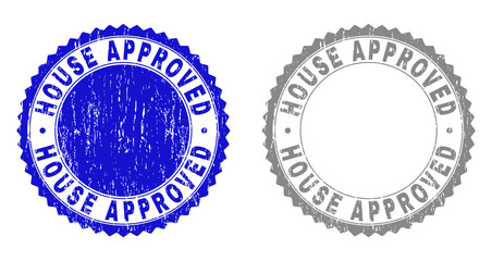 Grunge HOUSE APPROVED stamp seals isolated on a white background. Rosette seals with grunge texture in blue and gray colors. Vector rubber stamp imprint of HOUSE APPROVED title inside round rosette.