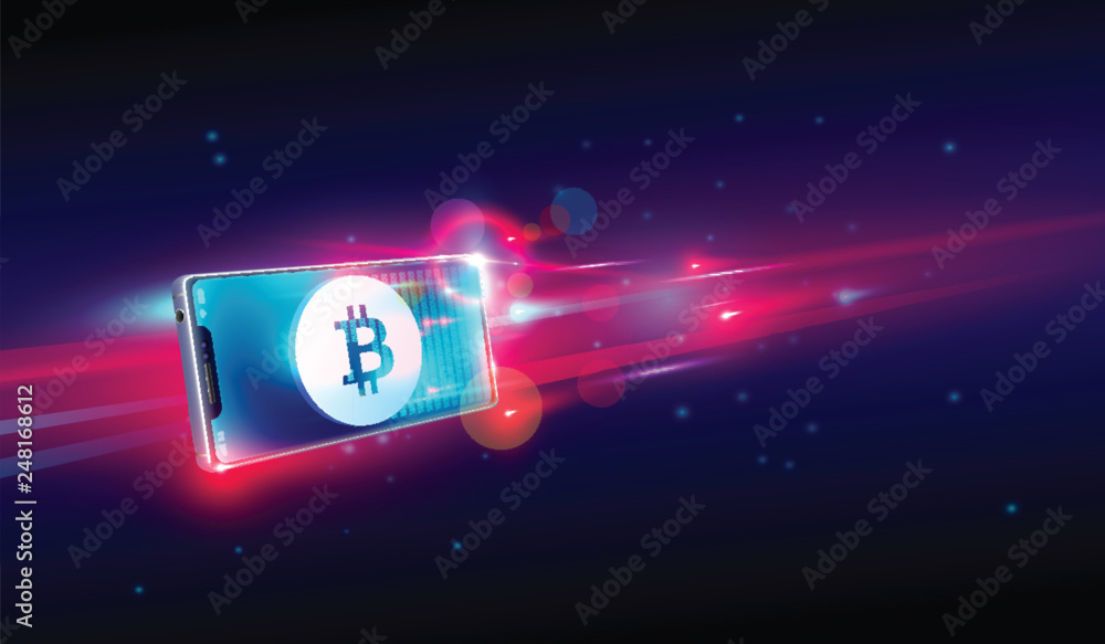 Poster cryptocurrency buy or trading on flying smartphone, bite coin wallet and blockchain background vecto
