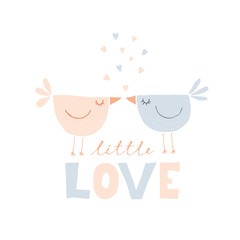 Sweet Love Birds Hand Drawn Vector Illustration. Cute Kissing Birds. Pastel color Infantile Design. White Background. Hearts Flying Up. Hand Written Letters. Little Love. Lovely Valentine's Day Card.