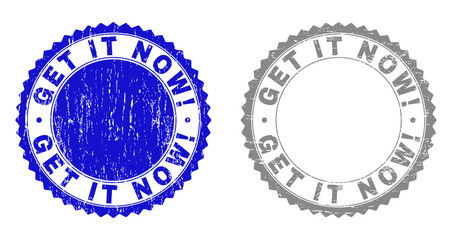 Grunge GET IT NOW! stamp seals isolated on a white background. Rosette seals with grunge texture in blue and gray colors. Vector rubber overlay of GET IT NOW! label inside round rosette.
