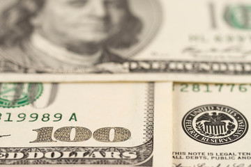 Blurred background from banknotes of dollars close up. Dollars Closeup Concept.