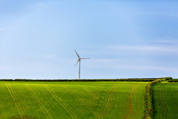 Isolated wind turbine on horizon with green farm field in foreground