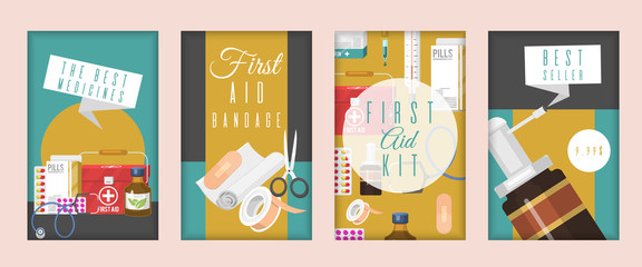 Medical advertisement for pharmacy vector illustration. Set of cards and banners with medical tools and pills. The best medicines. First aid kit and bandage. Best seller.