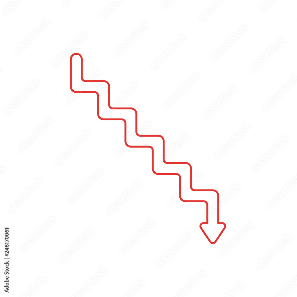 Poster flat design style vector concept of line stairs symbol icon with arrow pointing down on white. white