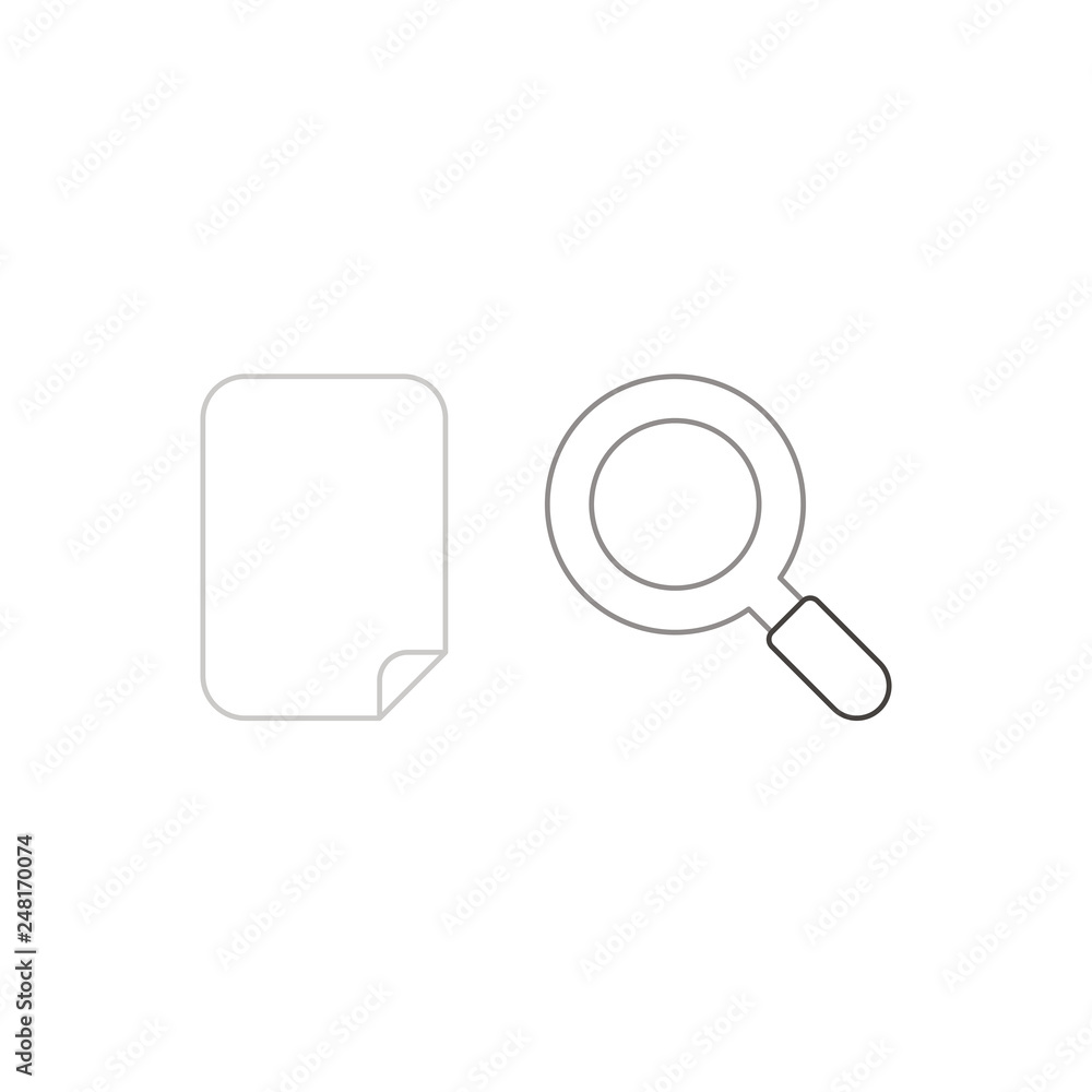 Poster flat design style vector concept of blank paper with magnifying glass or magnifier icon on white. wh