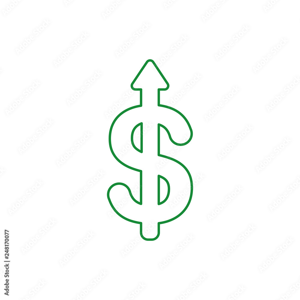Poster flat design style vector concept of dollar symbol icon with arrow pointing up on white. white and co