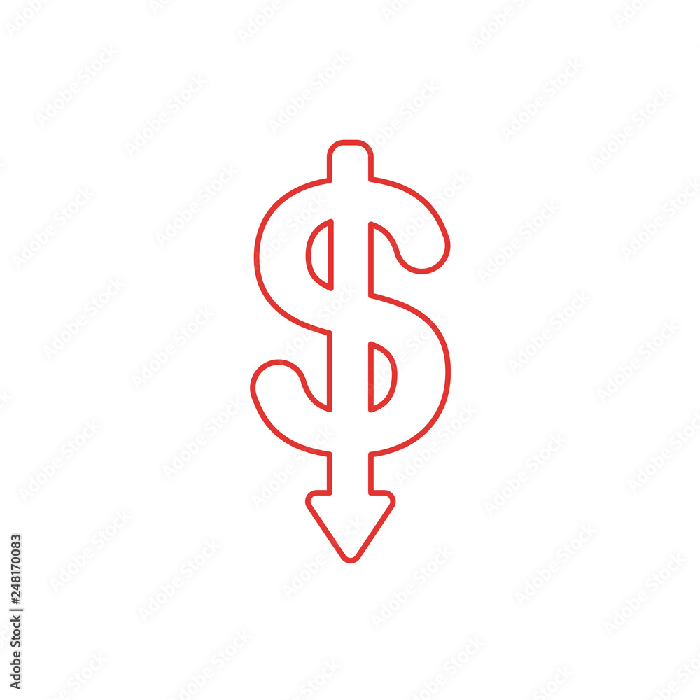 Poster flat design style vector concept of dollar symbol icon with arrow pointing down on white. white and 