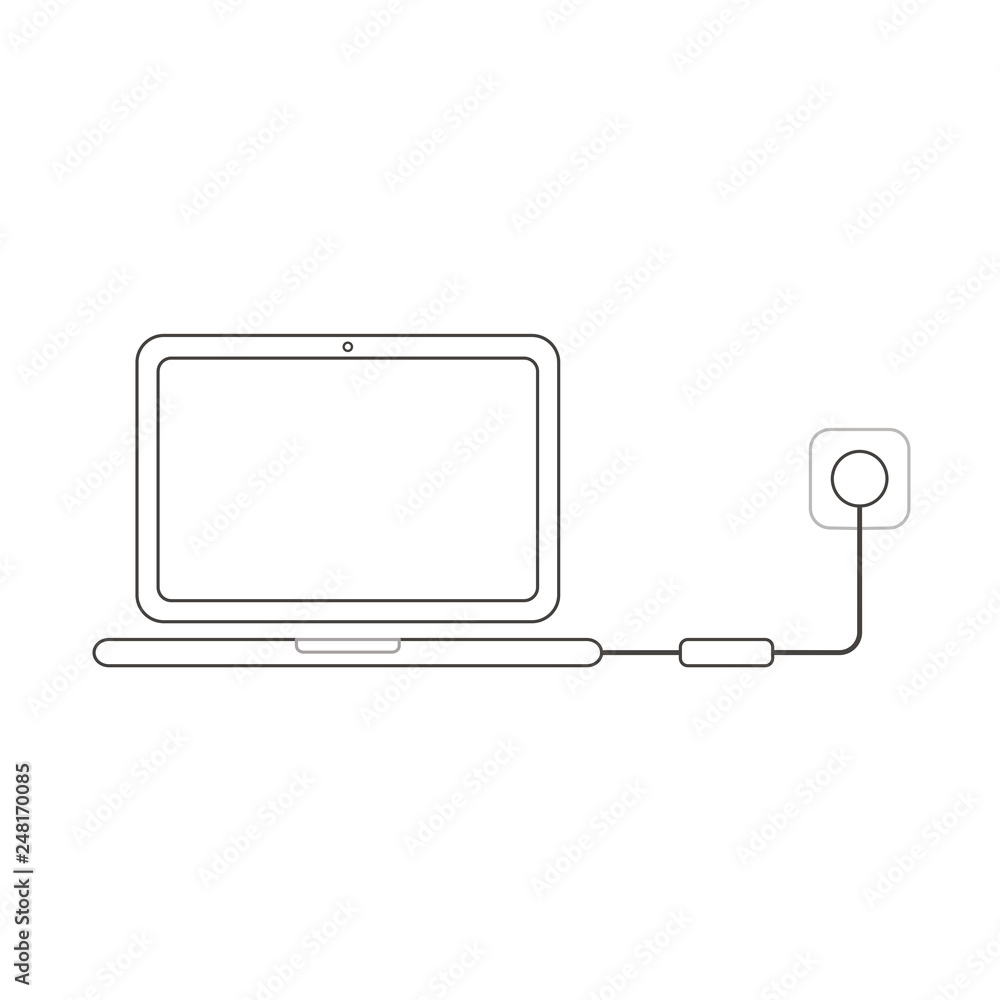 Poster flat design style vector concept of laptop computer icon charging on white. white and colored outlin
