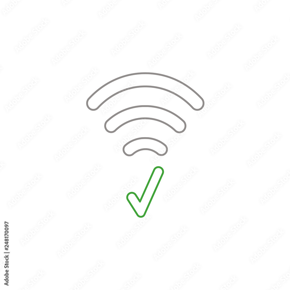 Aufkleber flat design style vector concept of wifi symbol icon with check mark on white. white and colored out