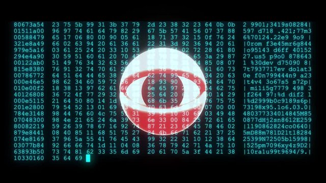 spy hacker wathing eye with encrypted fast long scrolling programming security hacking code data flow stream on display new quality numbers letters coding techno joyful video 4k stock footage