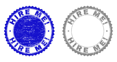 Grunge HIRE ME! stamp seals isolated on a white background. Rosette seals with grunge texture in blue and grey colors. Vector rubber overlay of HIRE ME! title inside round rosette.