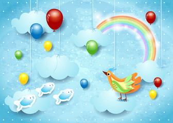 Surreal cloudscape with balloons, bird and flying fishes