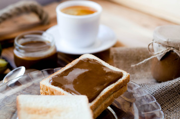 Delicious breakfast with peanut butter toast.