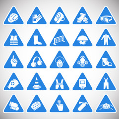 Industrial safety triangle signs set blue background icons