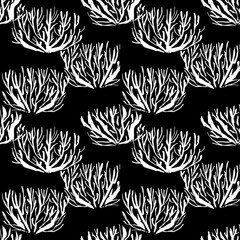 Seamless pattern with naked bushes. Hand drawn grunge ink background. Vector illustration.