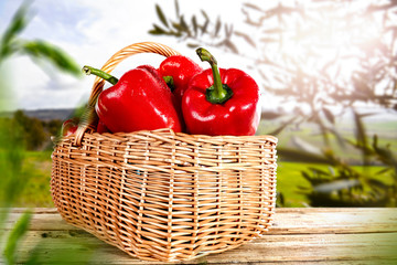 Vegetables in the basket box  chest on the wooden table background