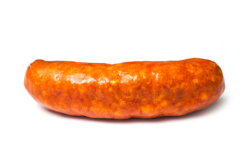 Closeup of smoked sausage on white background
