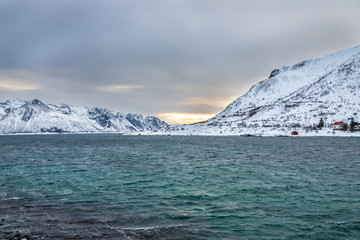  snow-covered mountains and emerald sea, Lofoten Islands, Norway