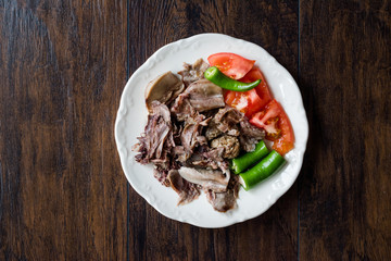 Traditional Turkish Offal Food Kelle Sogus / Lamb Head Meat with Brain Served Portion with Plate.