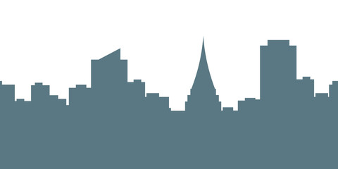 Fototapeta premium Metropolis background.Seamless border with cute urban landscape in blue color at dawn:silhouettes of modern houses, buildings and a Church or Cathedral on white background.Vector illustration