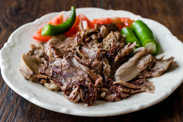 Traditional Turkish Offal Food Kelle Sogus / Lamb Head Meat with Brain Served Portion with Plate.