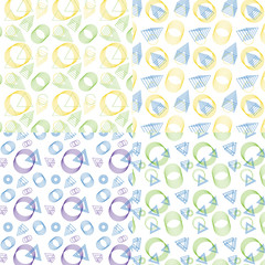 Set of 4 geometric repeat patterns with circle and triangle outlines in pastel colors. Minimalist musical background.