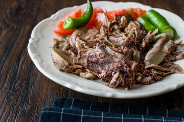 Traditional Turkish Offal Food Kelle Sogus / Lamb Head Meat with Brain Served Portion with Plate.