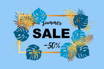 Blue and golden tropical leaves. Sammer sale. Place for your text. Vector illustration for banner, poster, web, invitation, flyer. © Natalia