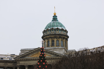 Kazan Cathedral Architecture Landmark with Christmas Tree in Saint Petersburg, Russia. Cathedral of Our Lady of Kazan, is a Active Russian Orthodox Church Building in Downtown of St. Petersburg City