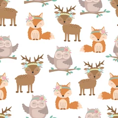 Printed roller blinds Little deer Seamless boho pattern. Vector image on national American motifs. Illustration of a little fox, deer and owl with feathers and flowers. For print, background, textile, holiday, children, baby, birthday