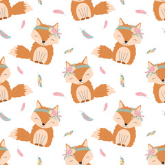 Seamless boho pattern. Vector image on national American motifs. Illustration of a hand-drawn cutie fox with feathers and flowers. For print, background, textile, holiday, children, baby, birthday