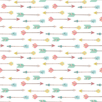 Seamless boho pattern. Vector image on national American motifs. Illustration of colorful arrows. For print, background, textile, children, wrapping paper, holiday, birthday, baby shower, party