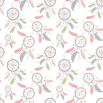Seamless boho pattern. Vector image on national American motifs. Illustration of colorful dreamcatchers with feathers. For print, background, textile, wrapping paper, holiday, birthday, baby shower