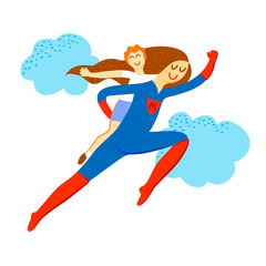 Mommy superhero with baby flies up to the sky.  