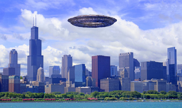 ufo hovering over Chicago skyline