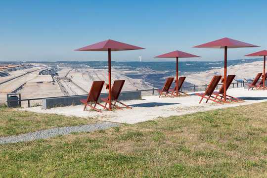 Viewpoint with seats and information panels near Hambach mine Germany