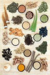 Adaptogen food selection with herbs, spices, fruit and supplement powders. Used in herbal medicine to help the body resist the damaging effect of stress and restore normal physiological functioning.