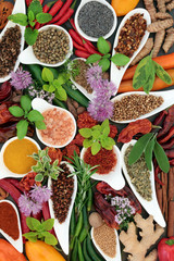 Spice and herb food seasoning collection with fresh and dried spices and herbs in porcelain bowls and loose. Top view.