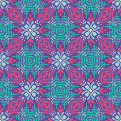 Abstract geometric background - seamless vector pattern in pink and green colors. Ethnic boho style. Mosaic ornament structure. Carpet fragment.