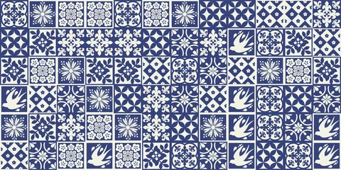 Stof per meter Blauw Portugees tegelspatroon - Azulejos-vector, mode-interieurontwerptegels © Wiktoria Matynia