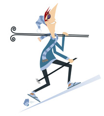 Skier man isolated illustration. Cartoon smiling skier man holds skis on the shoulder and walks up to the mounting isolated on white illustration