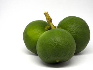 Three green lemons isolated on white background on a white background
