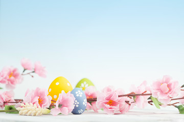 Easter eggs and pink flowers decoration on blue background