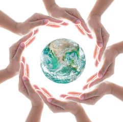 Collaborative people's hands surrounding globe world map for community empowerment concept. Elements of this image furnished by NASA