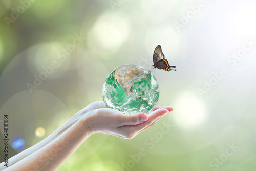 World environment day and environmental friendly concept with green earth on volunteer's hands. Element of  image furnished by NASA