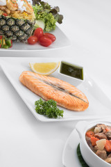 close  up view of nice yummy meal  on white back