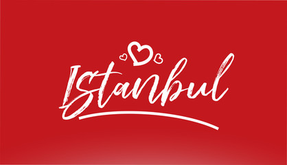istanbul white city hand written text with heart logo on red background